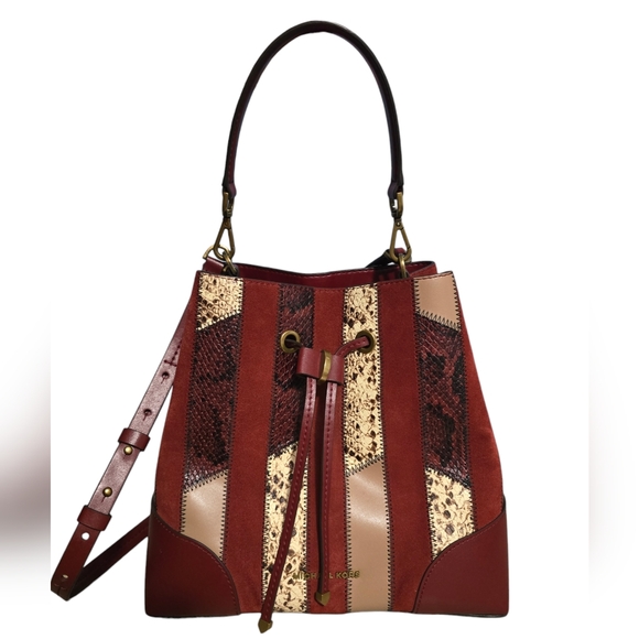 Michael Kors Handbags - Michael Kors Mercer Patchwork Suede Leather Burgundy Bucket Bag Crossbody NWOT